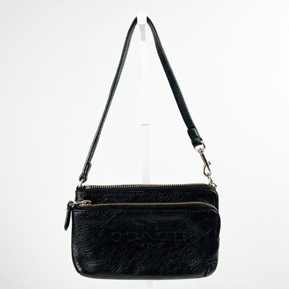 Coach Soft Black Pebbled Leather Embossed Logo Double Zipper Wristlet